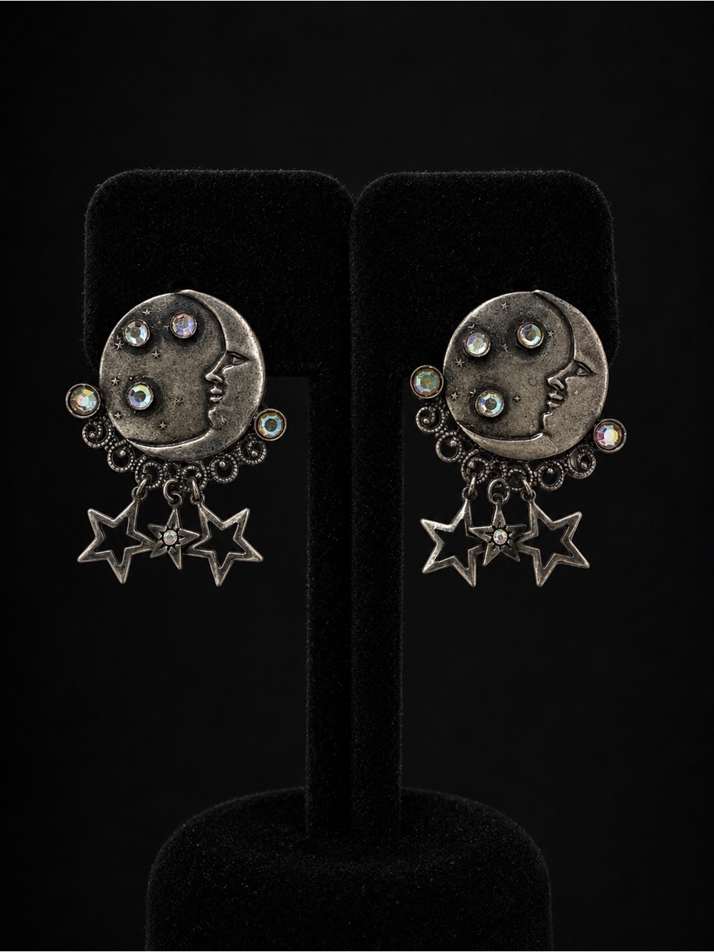 Vintage Moon Face Dangle Star Earrings - Silver Tone with Iridescent Stones